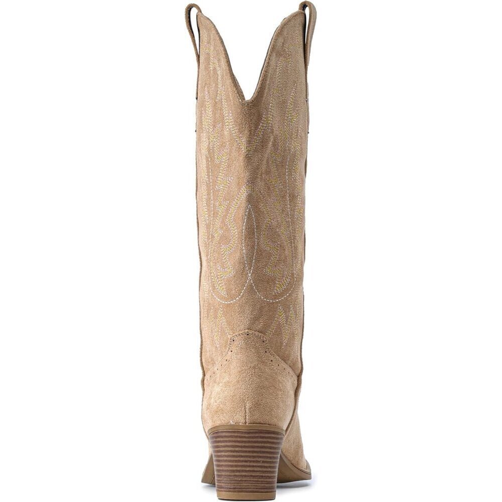 Women Apricot Chunky Heel Pointed Toe Cowgirl Mid Calf Embroidery Western Boots - Picture 6 of 6